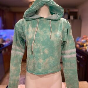 EXIST Mint Green Tie Dye Cropped Hoodie Womens S Varsity Stripe Raw Hem Sweatshi